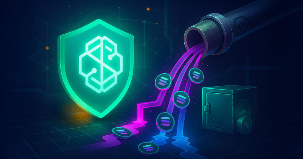 SwissBorg shield faces a cracked “API” pipe spilling Solana tokens toward a vault on a dark network grid, symbolizing the partner compromise and fund drain.