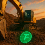 An excavator digs into a mining site, unearthing a glowing green Tether token under golden hour light - Cover art/illustration via CryptoSlate.