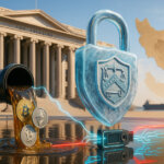 Daylight strikes a frosted Treasury shield severing neon crypto flows from an oil pipeline as a faint Iran map and tanker sit beyond the sunlit federal façade