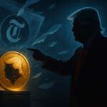 A dramatic 16:9 scene shows Trump’s unmistakable silhouette with a red tie pointing at a cracked golden coin bearing his hairstyle as NYT pages swirl in cold blue light