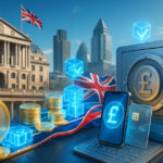 Bank of England and London skyline as glowing £ tokens flow along a blockchain into a vault beside a smartphone and card.