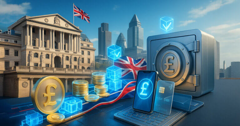 Bank of England and London skyline as glowing £ tokens flow along a blockchain into a vault beside a smartphone and card.