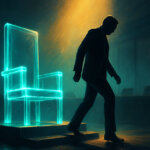 A silhouetted figure steps down from a glowing glass throne in a shadowed boardroom under fading light - Cover art/illustration via CryptoSlate.