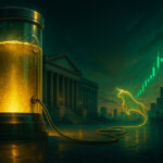 A glowing, near-full golden reservoir before the U.S. Treasury spills luminous streams into a skyline morphing into rising green candlesticks, evoking optimistic upward momentum at dusk.