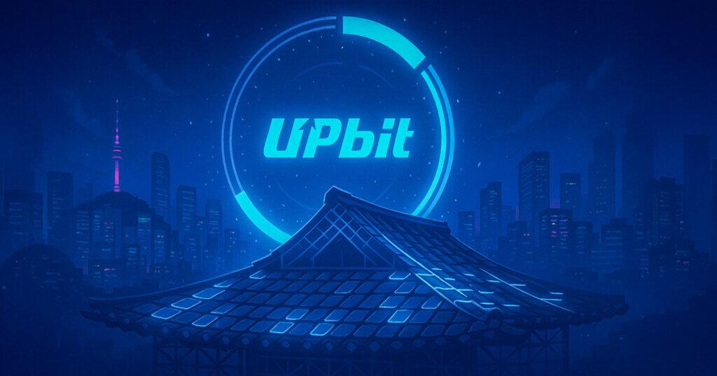 Neon-blue Upbit logo hovers within a segmented countdown ring above a blockchain-glowing hanok roof against the Seoul skyline, hinting at the Giwa network reveal.