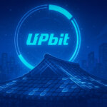 Neon-blue Upbit logo hovers within a segmented countdown ring above a blockchain-glowing hanok roof against the Seoul skyline, hinting at the Giwa network reveal.