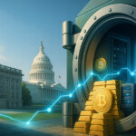 Daylight editorial scene links the U.S. Treasury and Capitol to an open vault filled with stacked Bitcoin and cold-storage servers, symbolizing a proposed Strategic Bitcoin Reserve and custody plan