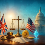 Bright photorealistic montage shows UK and US flags flanking scales of justice and glowing crypto icons on a conference table, with Westminster and the U.S. Capitol connected by a luminous network under clear daylight.