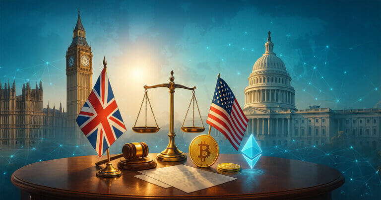 Bright photorealistic montage shows UK and US flags flanking scales of justice and glowing crypto icons on a conference table, with Westminster and the U.S. Capitol connected by a luminous network under clear daylight.