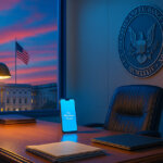 SEC office scene shows an empty desk, glowing phone, and illuminated Capitol backdrop under vivid evening colors - Cover art/illustration via CryptoSlate.