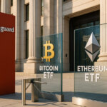 A bright, daylit finance plaza shows a red Vanguard monolith beside glass Bitcoin and Ethereum ETF panels with an opening turnstile, symbolizing new customer access.