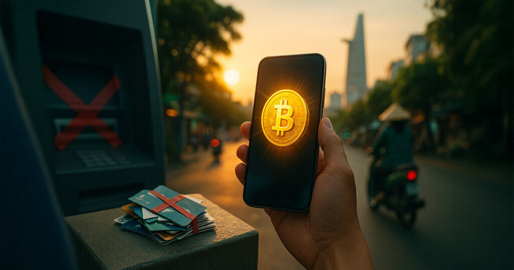 A bright, cinematic street scene in Ho Chi Minh City shows hands holding a phone with a glowing Bitcoin coin while cut bank cards and a taped-off ATM fade into the background.