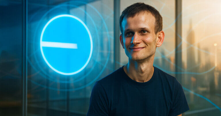 Vitalik Buterin stands smiling in a bright glass atrium with a glowing Base logo behind him, conveying optimism toward Coinbase-backed Base.