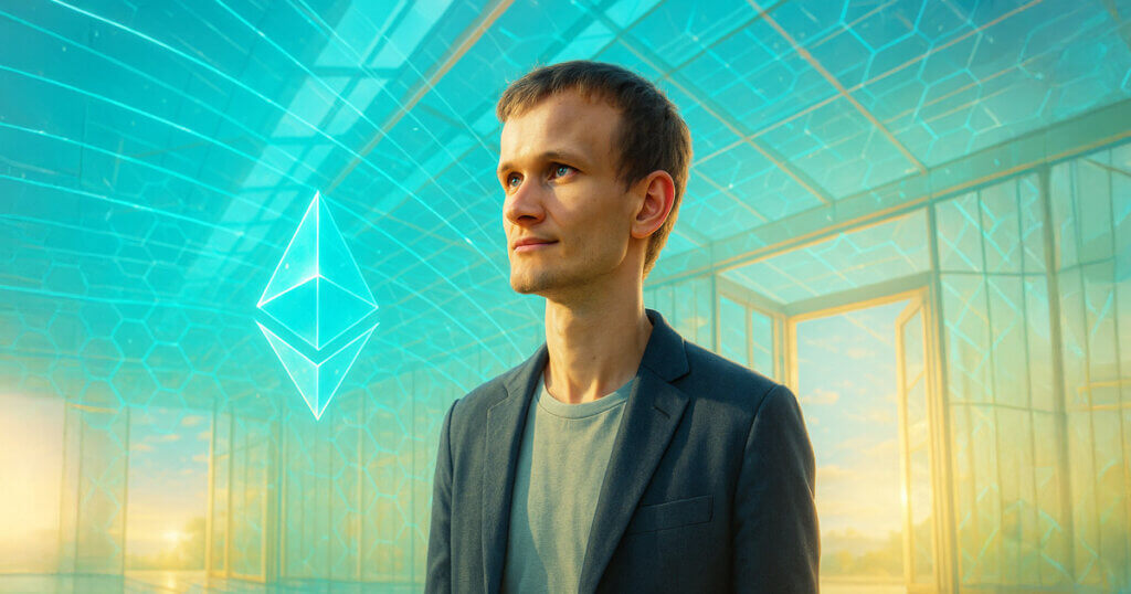 Vitalik Buterin stands in a sunlit, glass atrium with open doors and a glowing Ethereum symbol, evoking bright, optimistic openness and collaboration.