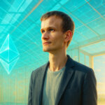 Vitalik Buterin stands in a sunlit, glass atrium with open doors and a glowing Ethereum symbol, evoking bright, optimistic openness and collaboration.