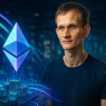 Vitalik Buterin beside a glowing Ethereum logo with layered rollup streams and shard-like beams flowing into a scalable network core.