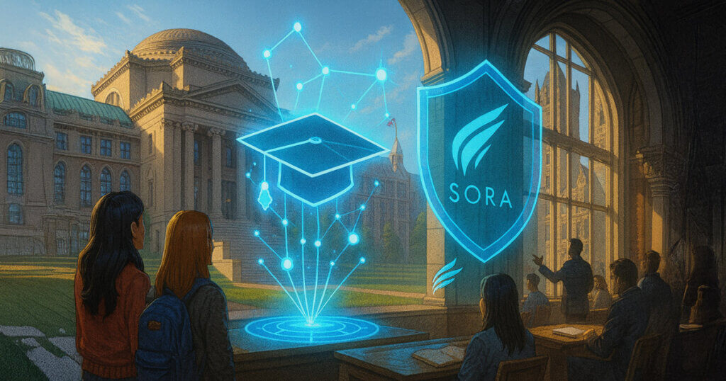 Students in a sunlit Columbia classroom watch a neon web3 mortarboard hologram connect to a glowing Sora Ventures shield outside the Low Library, symbolizing the partnership