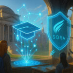 Students in a sunlit Columbia classroom watch a neon web3 mortarboard hologram connect to a glowing Sora Ventures shield outside the Low Library, symbolizing the partnership