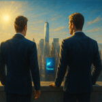 The Winklevoss twins stand on a rooftop overlooking Manhattan with the Nasdaq tower glowing below - Cover art/illustration via CryptoSlate.