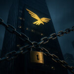 A towering glass skyscraper at night bears a glowing golden eagle emblem while massive steel chains crisscross the facade and a heavy padlock blocks the entrance.