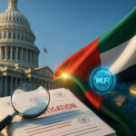A bright, cinematic scene shows the U.S. Capitol with a magnifying glass over sealed documents, a flowing UAE flag, glowing AI chips, and a WLFI hologram.