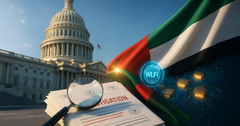 A bright, cinematic scene shows the U.S. Capitol with a magnifying glass over sealed documents, a flowing UAE flag, glowing AI chips, and a WLFI hologram.