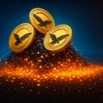 A digital illustration shows WLFI coins dissolving into glowing embers over a blockchain grid horizon - Cover art/illustration via CryptoSlate.