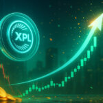 luminous XPL logo coin soaring beside a chart that plunges left then rockets to a sparkling all-time high, with teal–gold confetti over a glassy trading-floor skyline.