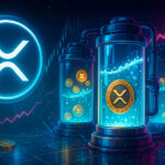 A bright cinematic scene shows interconnected glass vaults filled with glowing teal liquid and floating XRP tokens beside a luminous XRP logo, with an ascending magenta line subtly hinting at accelerating DeFi growth.