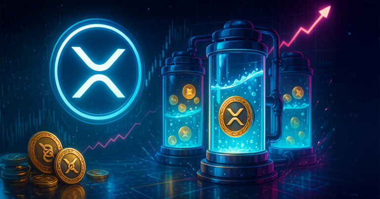 A bright cinematic scene shows interconnected glass vaults filled with glowing teal liquid and floating XRP tokens beside a luminous XRP logo, with an ascending magenta line subtly hinting at accelerating DeFi growth.