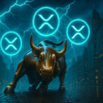 The Charging Bull stands beneath stormy skies as glowing XRP logos hover above Wall Street - Cover art/illustration via CryptoSlate.