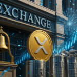 A gleaming XRP coin stands beside an opening bell as ETF cylinders overflow and confetti flies outside a sunlit exchange, celebrating the strongest day-one launch of 2025