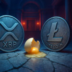 XRP and Litecoin coins depicted cracked on a marble floor with a broken egg between them in a courtroom-like hall - Cover art/illustration via CryptoSlate.