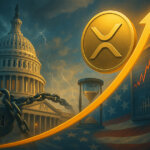 a bright gold XRP coin riding an upward arc beside a chained U.S. Capitol, storm-lit sky, hourglass, and volatile market chart in vivid blue-gold tones.