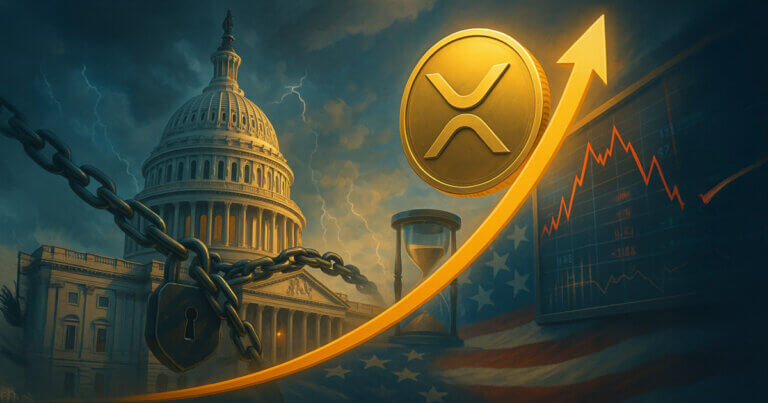a bright gold XRP coin riding an upward arc beside a chained U.S. Capitol, storm-lit sky, hourglass, and volatile market chart in vivid blue-gold tones.