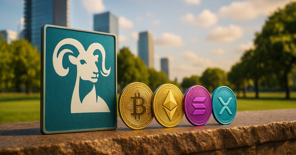 T. Rowe Price ram logo plaque on a stone ledge beside gleaming Bitcoin, Ethereum, Solana, and XRP coins under golden sunlight with a blurred city skyline and park greenery in the background.
