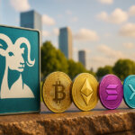 T. Rowe Price ram logo plaque on a stone ledge beside gleaming Bitcoin, Ethereum, Solana, and XRP coins under golden sunlight with a blurred city skyline and park greenery in the background.