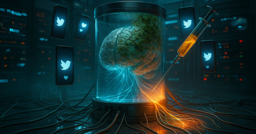 low-angle lab scene shows a glass chamber holding a neural brain corroded by green digital rot as floating phones with the X logo glow icy blue, while a robotic syringe pumps a luminous gold Bitcoin “antidote” into fiber-optic roots to symbolize crypto inoculating a zombie internet.