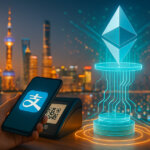 a hand paying with an Alipay-logo smartphone at a QR terminal on Shanghai’s riverfront beside an illuminated acrylic Ethereum logo sculpture with teal light trails rising into layered rings, symbolizing a Chinese payment giant launching an Ethereum L2.