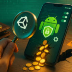Photorealistic daylight close-up of an Android phone showing the Unity logo and security icons as glowing coins leak from a crack into a bug-shaped hole while a hand inspects with a magnifying glass