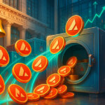 Daylight, cinematic 16:9 scene shows AVAX coins surging along glowing teal arcs into an open vault outside a stock-exchange facade with a ringing bell and rising chart icons, symbolizing a $1B token buy and public listing momentum