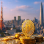 stacks gleaming Bitcoin coins in sharp focus across the foreground while softly blurred skylines of Tokyo Tower and Lotte World Tower frame the background in a cool, cinematic glow.
