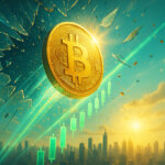 A radiant golden Bitcoin bursts through a shattered glass ceiling into a bright sky above a city skyline as green price trails surge upward.