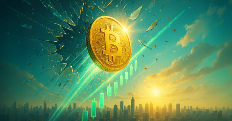 A radiant golden Bitcoin bursts through a shattered glass ceiling into a bright sky above a city skyline as green price trails surge upward.