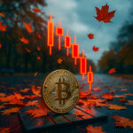 A gleaming Bitcoin stands on a stone pedestal amid crisp autumn leaves while a glowing red downward candlestick sequence cuts across a misty park backdrop.