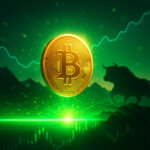 A glowing green “threshold” line erupts with light as a golden Bitcoin rises above it, with bullish charts and a mountain bull silhouette reinforcing the breakout signal.