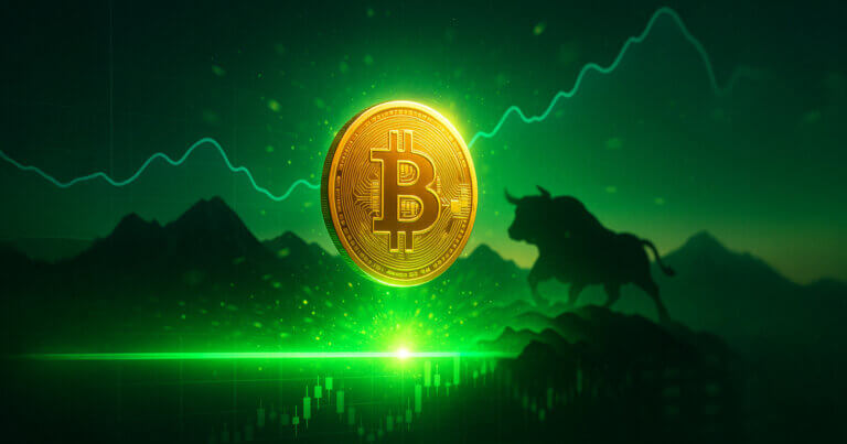 A glowing green “threshold” line erupts with light as a golden Bitcoin rises above it, with bullish charts and a mountain bull silhouette reinforcing the breakout signal.