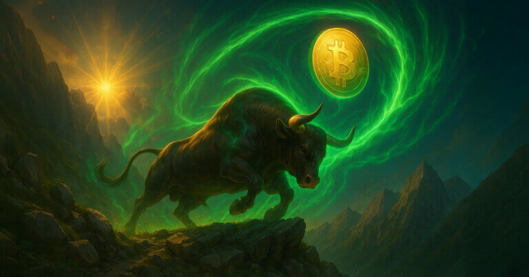A bronze bull charges up sunlit peaks as emerald-green energy swirls into a halo with radiant lens flares, evoking unstoppable bullish momentum.