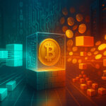 a glowing gold Bitcoin sealed in a glass “core” cube amid a server room as teal data blocks stream in on one side and dense orange blocks and coins swell on the other, symbolizing Bitcoin Core v30’s OP_RETURN expansion and the utility-vs-bloat debate.