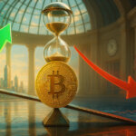 a gold Bitcoin poised on a gleaming seesaw beneath a glowing hourglass as a vivid green arrow arcs upward and a red arrow sweeps downward, symbolizing a CPI-triggered break higher or drop lower.